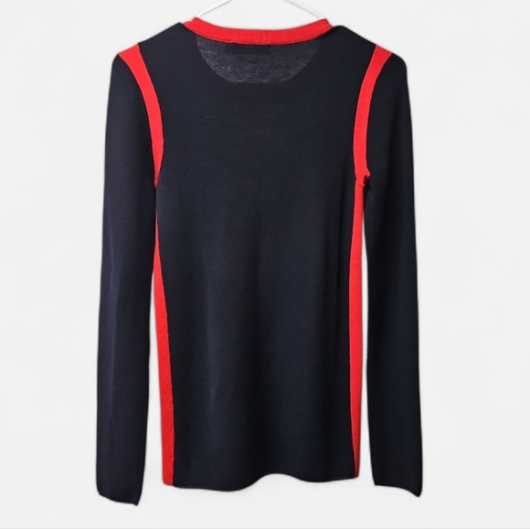 Tory Burch Sweater Navy Blue Red Logo 100% Merino Wool Sz Small Womens - Picture 2 of 5